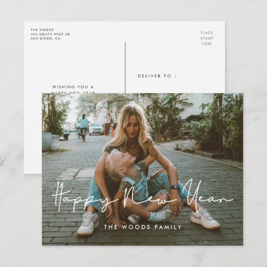 Handgeschreven minimalistische Happy New Year foto Briefkaart (Voorkant / Achterkant)