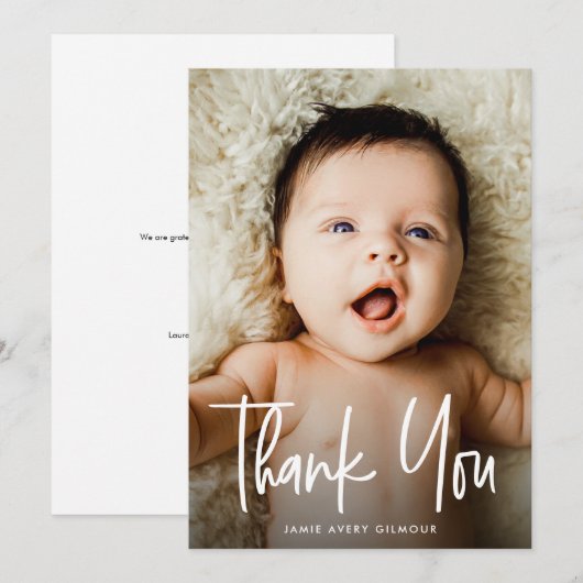 Handgeschreven moderne minimalistische nieuwe baby bedankkaart (Voorkant / Achterkant)