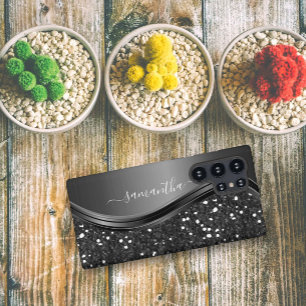 Handgeschreven monogram Elegant Black Metal Glitte Samsung Galaxy Hoesje