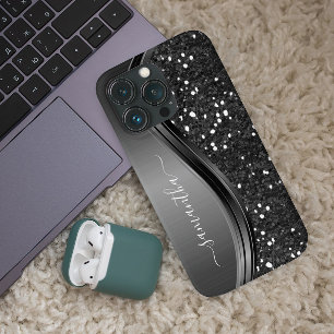 Handgeschreven monogram elegante zwarte metalen gl Case-Mate iPhone case