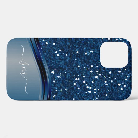 Handgeschreven Monogram Navy Blue Metal Glitter Case-Mate iPhone Case (Achterkant (horizontaal))