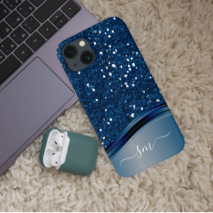 Handgeschreven Monogram Navy Blue Metal Glitter Case-Mate iPhone Case