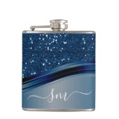 Handgeschreven Monogram Navy Blue Metal Glitter Heupfles (Voorkant)