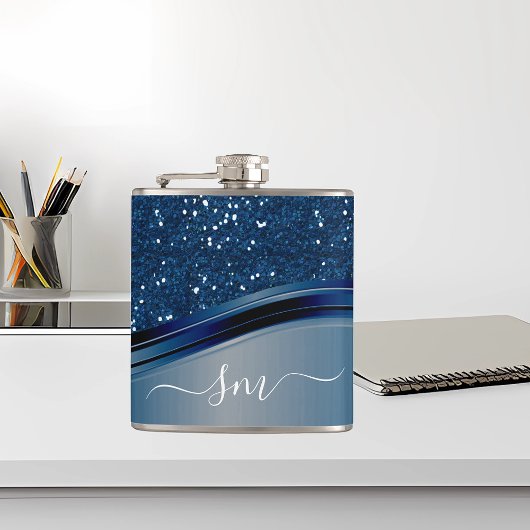 Handgeschreven monogram Navyblauw Metaalglitter Heupfles