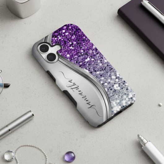 Handgeschreven Monogram Paars Silver Glitter Samsung Galaxy Hoesje