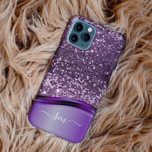 Handgeschreven Monogram Paarse Glitter Let Wave Case-Mate iPhone Case