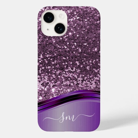 Handgeschreven Monogram Paarse Glitter Let Wave Case-Mate iPhone Case (Achterkant)