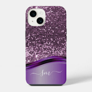 Handgeschreven Monogram Purple Glitter Look Wave iPhone 14 Hoesje