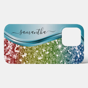 Handgeschreven monogram regenbooglitter Case-Mate iPhone case