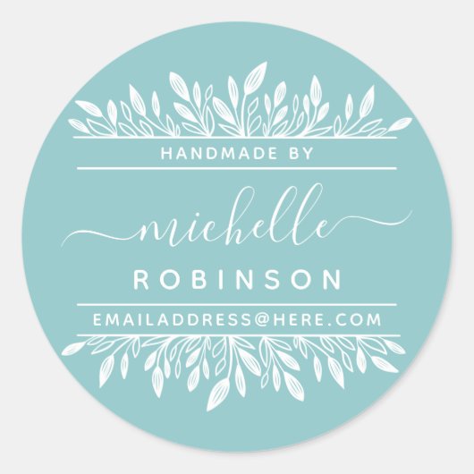 Handgeschreven Naam Blauw & Wit Botanisch Handgema Ronde Sticker (Voorkant)