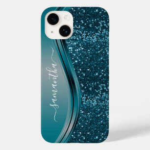 Handgeschreven naam Blauwgroen Blue Metal Glitter  Case-Mate iPhone 14 Hoesje