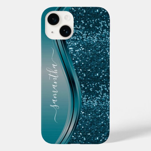 Handgeschreven naam Blauwgroen Blue Metal Glitter  Case-Mate iPhone Case (Achterkant)