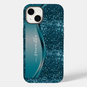 Handgeschreven naam Blauwgroen Blue Metal Glitter iPhone 14 Hoesje