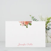 Handgeschreven naam Floral Sjabloon Waterverf Roze Briefpapier (Staand voorkant)
