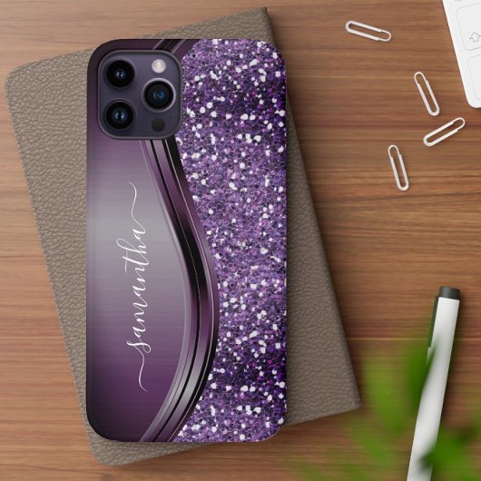 Handgeschreven naam Glam Paars Metal Glitter Case-Mate iPhone Case