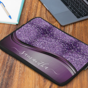 Handgeschreven naam Glam Paars Metal Glitter Laptop Sleeve