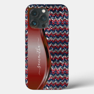 Handgeschreven Naam Glam Rood wit blauw Glitters iPhone 13 Pro Hoesje