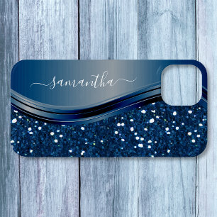 Handgeschreven naam Navy Blue Metal Glitter 12 iPhone 15 Case