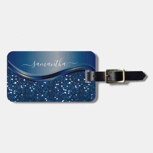 Handgeschreven naam Navy Blue Metal Glitter Bagagelabel (Voorkant horizontaal)