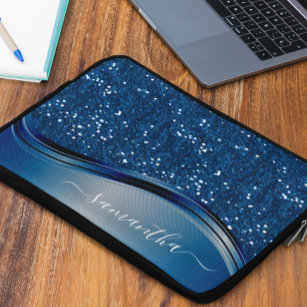 Handgeschreven naam Navy Blue Metal Glitter Laptop Sleeve
