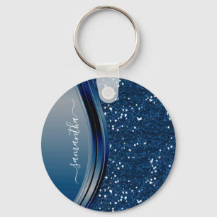 Handgeschreven naam Navy Blue Metal Glitter Sleutelhanger
