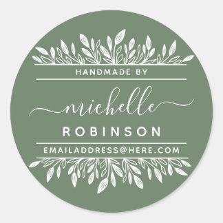 Handgeschreven naam Sage & White Botanical Handmad Ronde Sticker