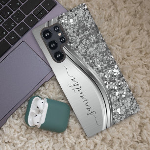Handgeschreven naam Silver Metal Faux Glitter Samsung Galaxy Hoesje