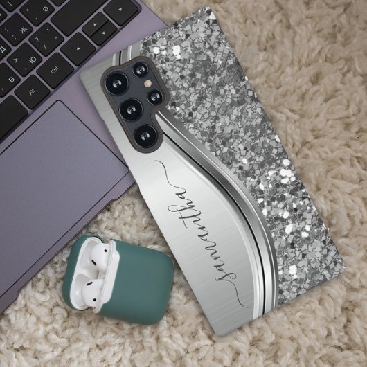 Handgeschreven naam Silver Metal Faux Glitter Samsung Galaxy Hoesje