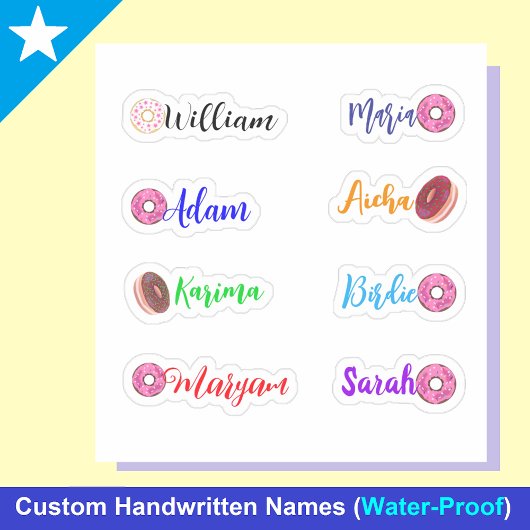Handgeschreven Namen & Donuts: Waterdichte Sticker