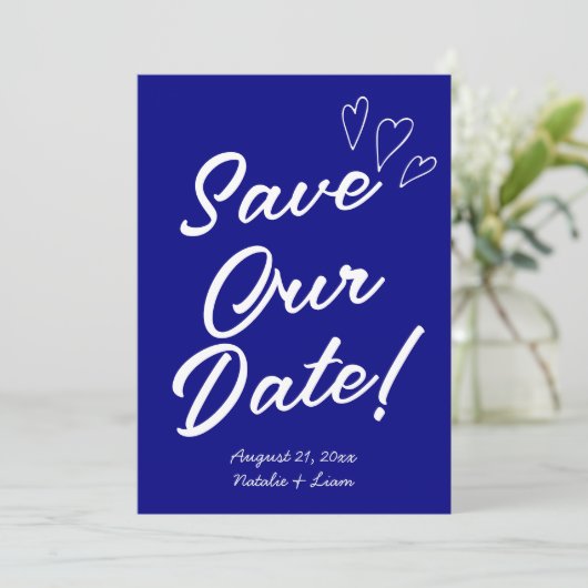 Handgeschreven Navy kleurrijke retro moderne bruil Save The Date (Staand voorkant)