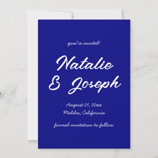 Handgeschreven Navy kleurrijke retro moderne bruil Save The Date (Achterkant)