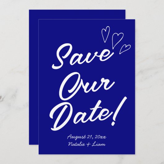 Handgeschreven Navy kleurrijke retro moderne bruil Save The Date (Voorkant / Achterkant)
