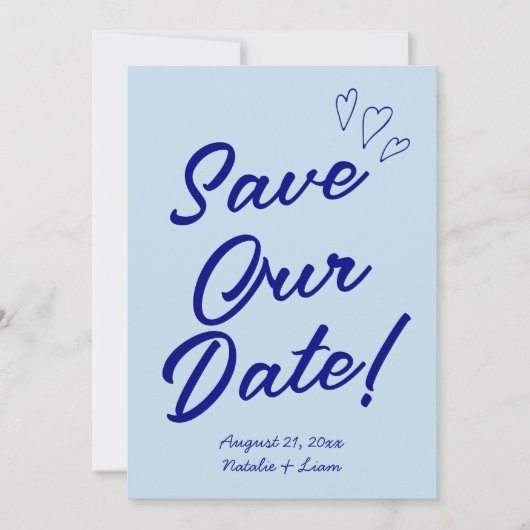 Handgeschreven Navy kleurrijke retro moderne bruil Save The Date (Voorkant)
