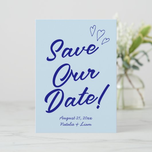 Handgeschreven Navy kleurrijke retro moderne bruil Save The Date (Staand voorkant)