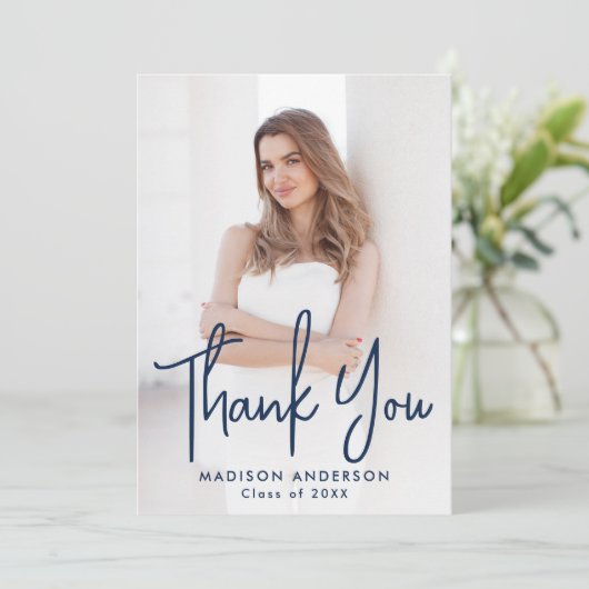 Handgeschreven Navy Script Photo Afstuderen Bedankkaart (Staand voorkant)