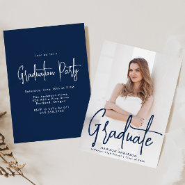Handgeschreven Navy Script Photo Graduation Party Kaart