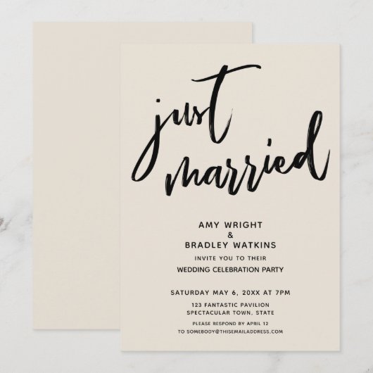 Handgeschreven Net Getrouwd Crème Trouwreceptie Kaart (Voorkant / Achterkant)