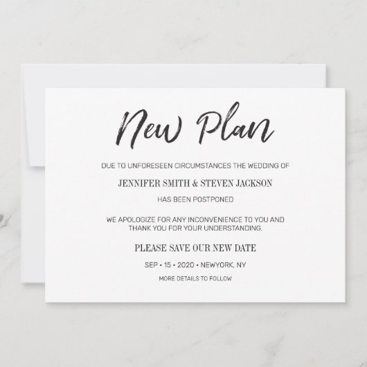 Handgeschreven "Nieuw plan" Uitgestelde bruiloft Kaart (Voorkant)
