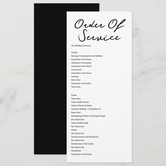 Handgeschreven Orde van de Dienst Bruiloft Kaart (Voorkant / Achterkant)