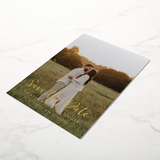Handgeschreven overlay Foto opslaan Datum goud Folie Uitnodiging (Gedraaid)