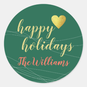 handgeschreven prettige feestdagen + familienaam,  ronde sticker