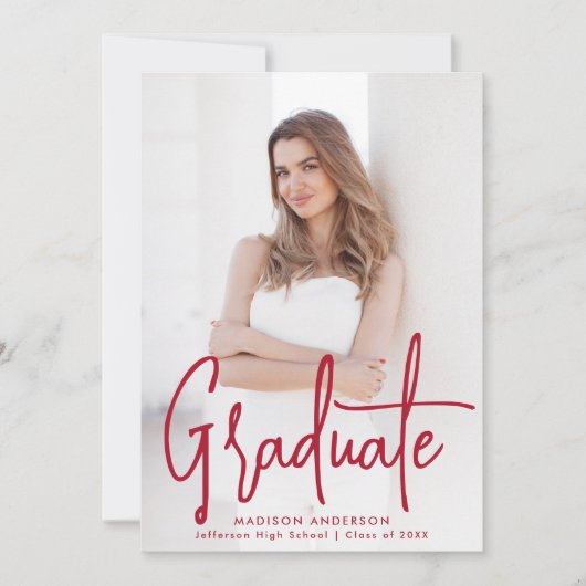 Handgeschreven Red Script 2 Foto Afstuderen Aankondiging (Voorkant)