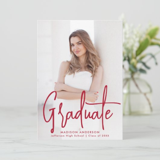 Handgeschreven Red Script 2 Foto Afstuderen Aankondiging (Staand voorkant)