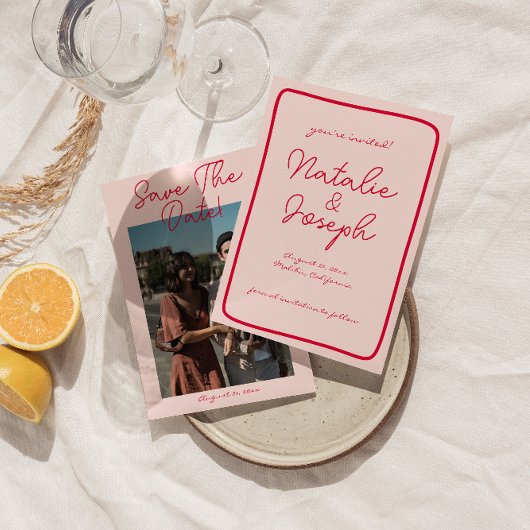 Handgeschreven Retro Kleurrijke Moderne Foto Bruil Save The Date