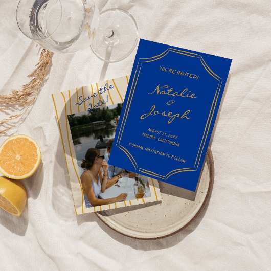 Handgeschreven Retro Pinstripe Italië Foto Bruilof Save The Date