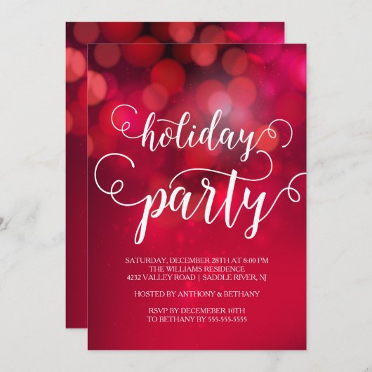 Handgeschreven rode Bokeh Lights Holiday Party Kaart (Voorkant / Achterkant)