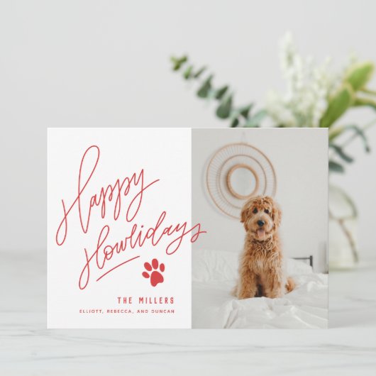 Handgeschreven rode, gelukkige feestdagen Paw Dog Feestdagenkaart (Staand voorkant)