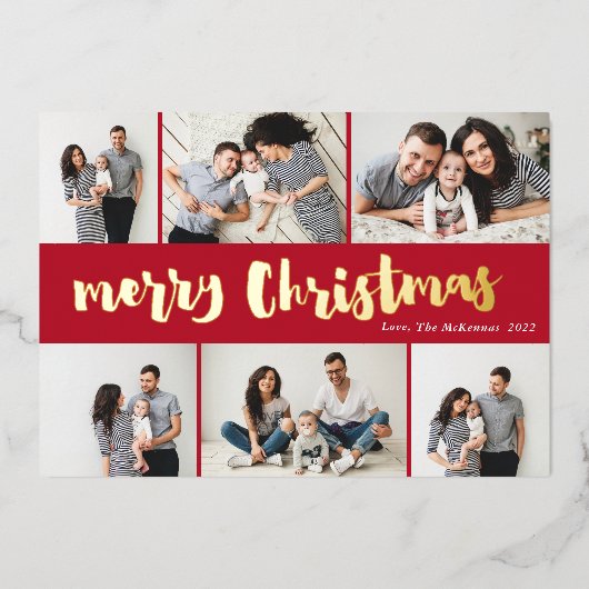 Handgeschreven Rode Kerst 6 Foto Gold Folie Feestdagenkaart (Voorkant)