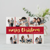 Handgeschreven Rode Kerst 6 Foto Gold Folie Feestdagenkaart (Staand Voorkant)