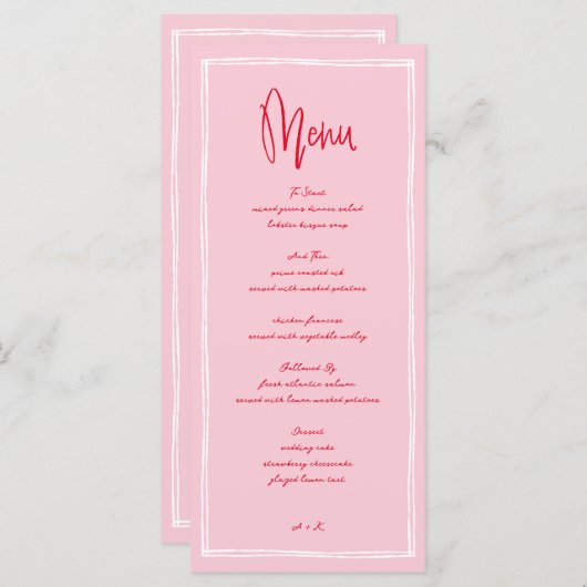 Handgeschreven roze en rood Frans huwelijk Menu (Voorkant / Achterkant)